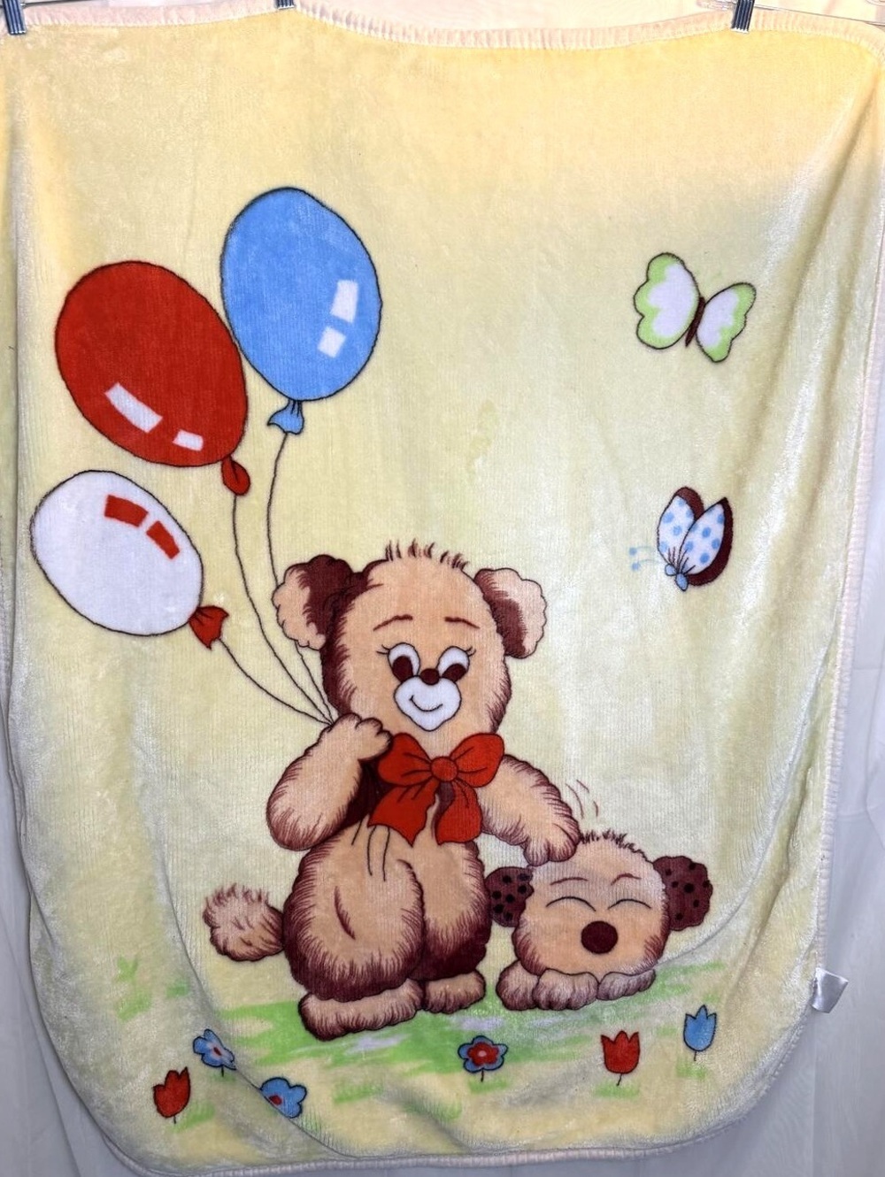 Vintage Minky Baby Blanket Teddy Bear Balloons Puppy Butterfly Yellow HTF